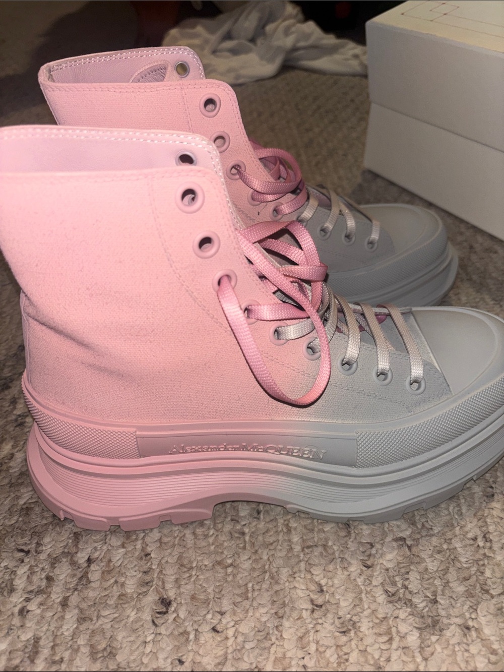 Alexander McQueen Pink and White Lace-Up High-Top Platform Boots